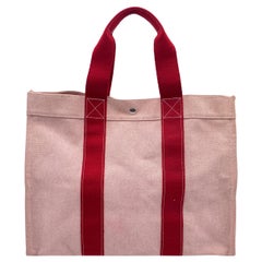 Hermes Paris Beige Red Canvas Bora Bora GM Tote Beach Bag