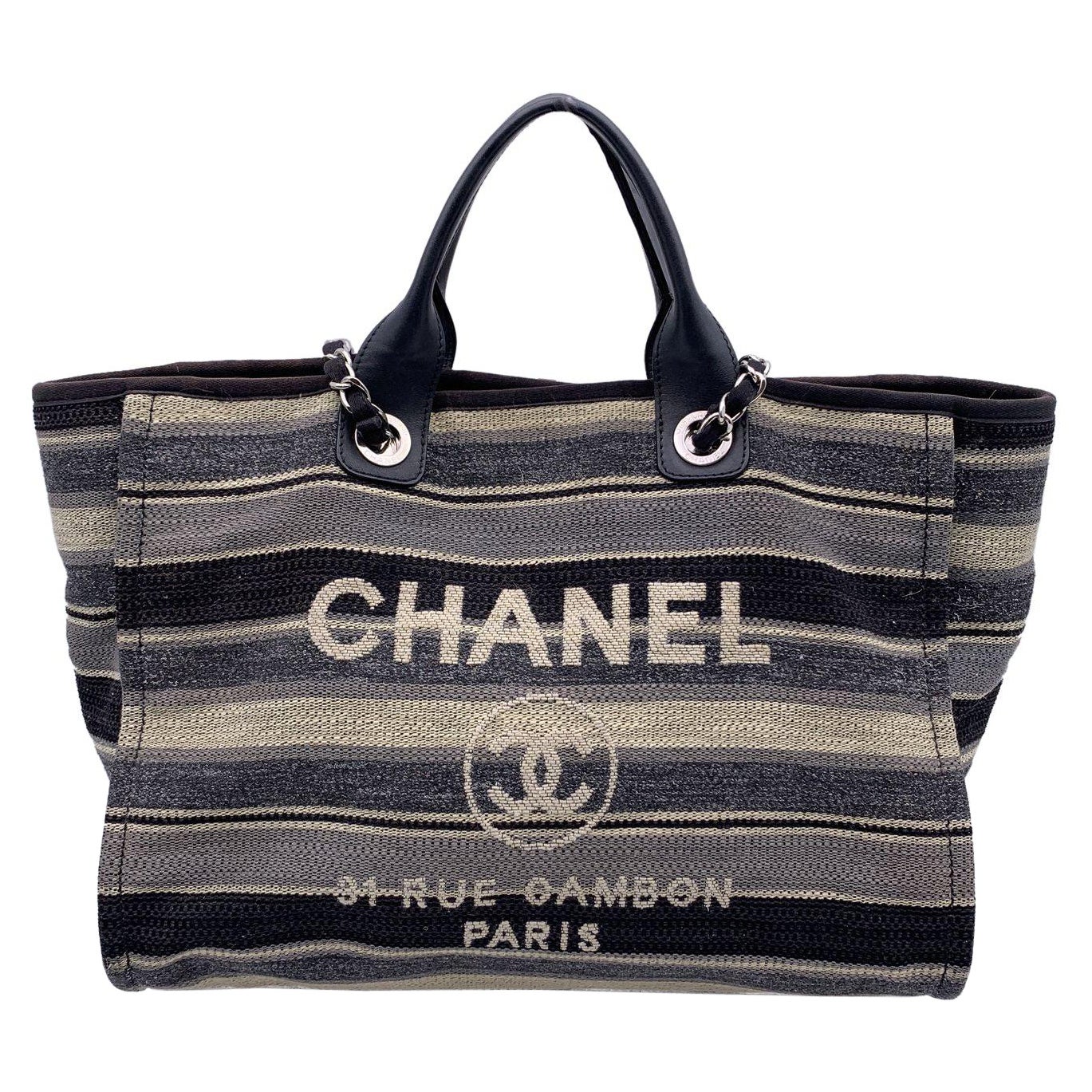 Chanel Black Grey Striped Canvas Medium Deauville Tote Bag For Sale