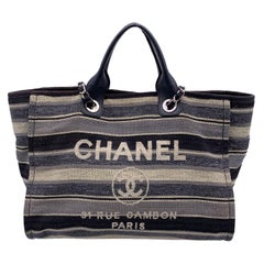 Used Chanel Black Grey Striped Canvas Medium Deauville Tote Bag