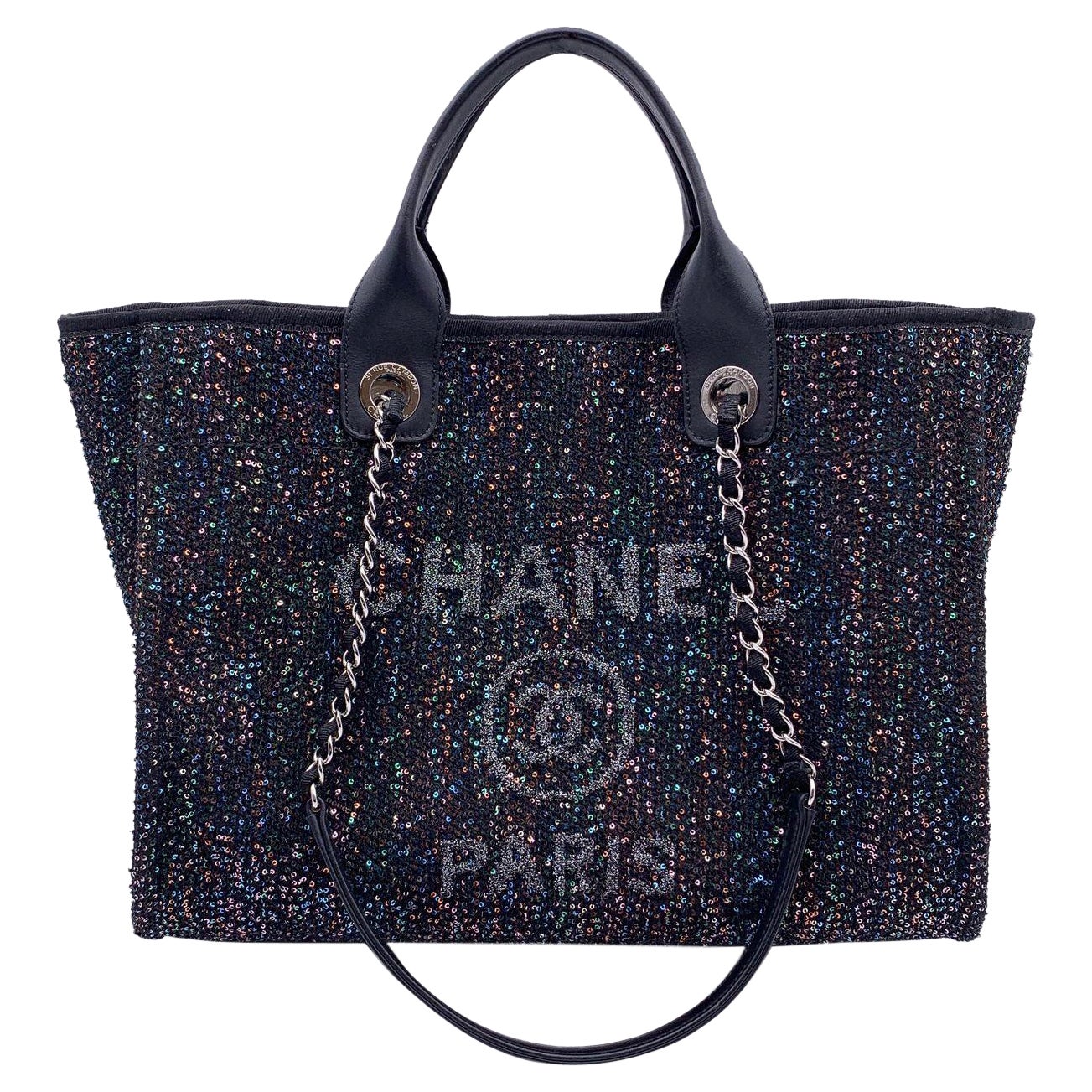Chanel Black Sequin Sparkle Canvas Medium Deauville Tote Bag