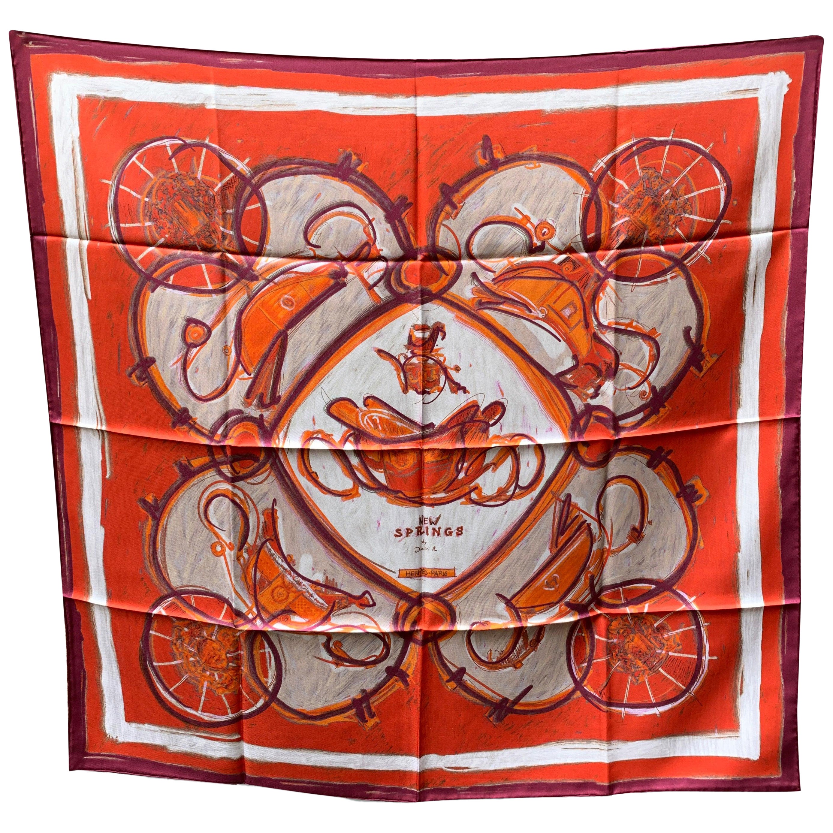 Hermes Paris Red Silk Scarf New Springs 2009 Rybaltchenko For Sale