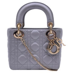Used Christian Dior Grey Cannage Leather Quilted Mini Lady Dior Bag