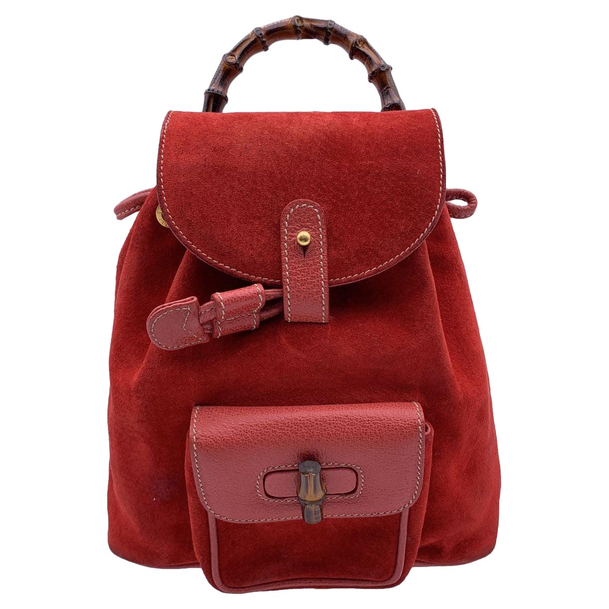Gucci Vintage Red Suede Bamboo Small Backpack Shoulder Bag For Sale