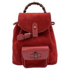 Gucci Vintage Rot Wildleder Bambus Kleine Rucksack Umhängetasche