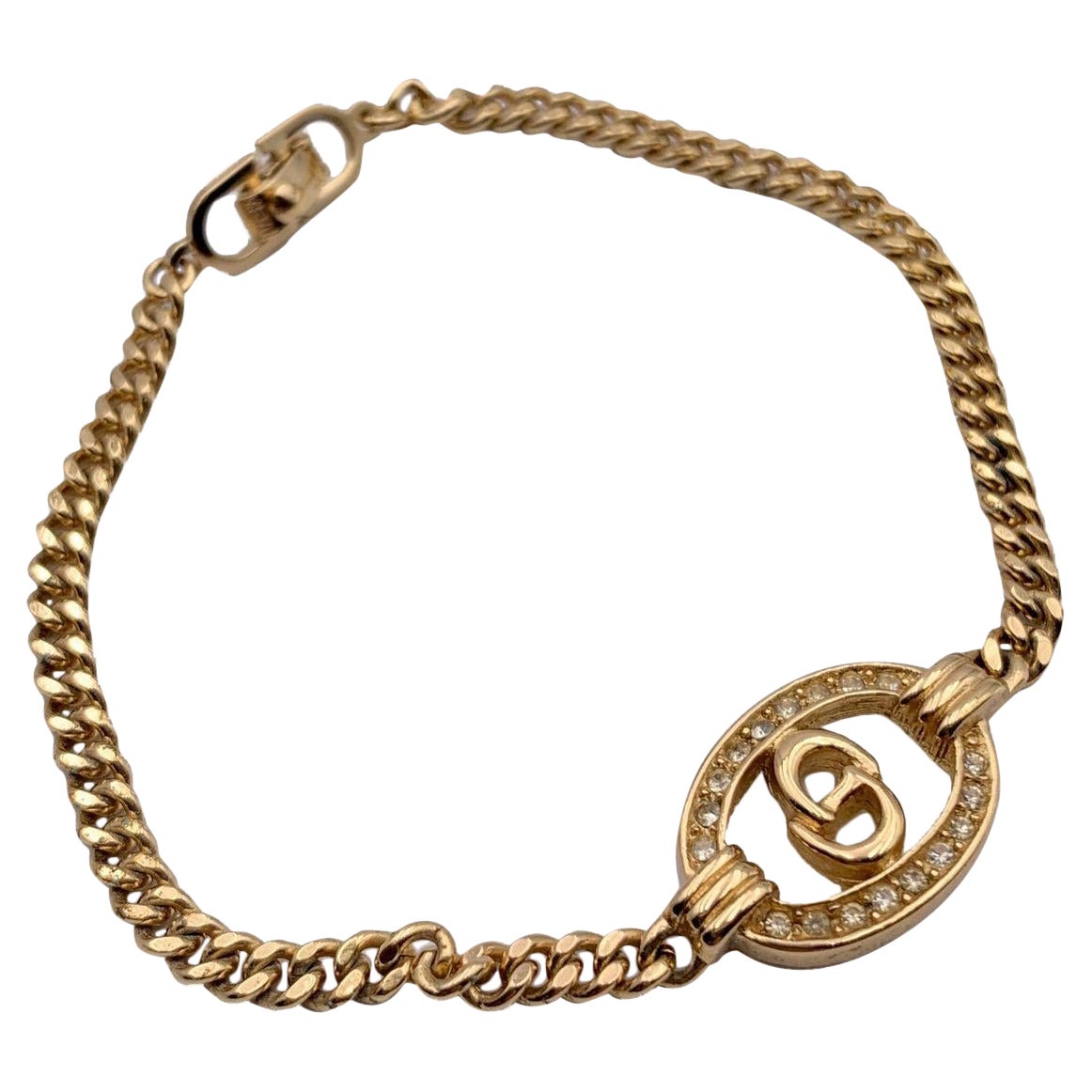 Christian Dior Vintage Gold Metal CD Crystals Logo Chain Bracelet