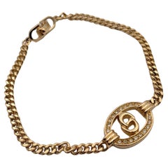 Christian Dior Vintage Gold Metal CD Crystals Logo Chain Bracelet