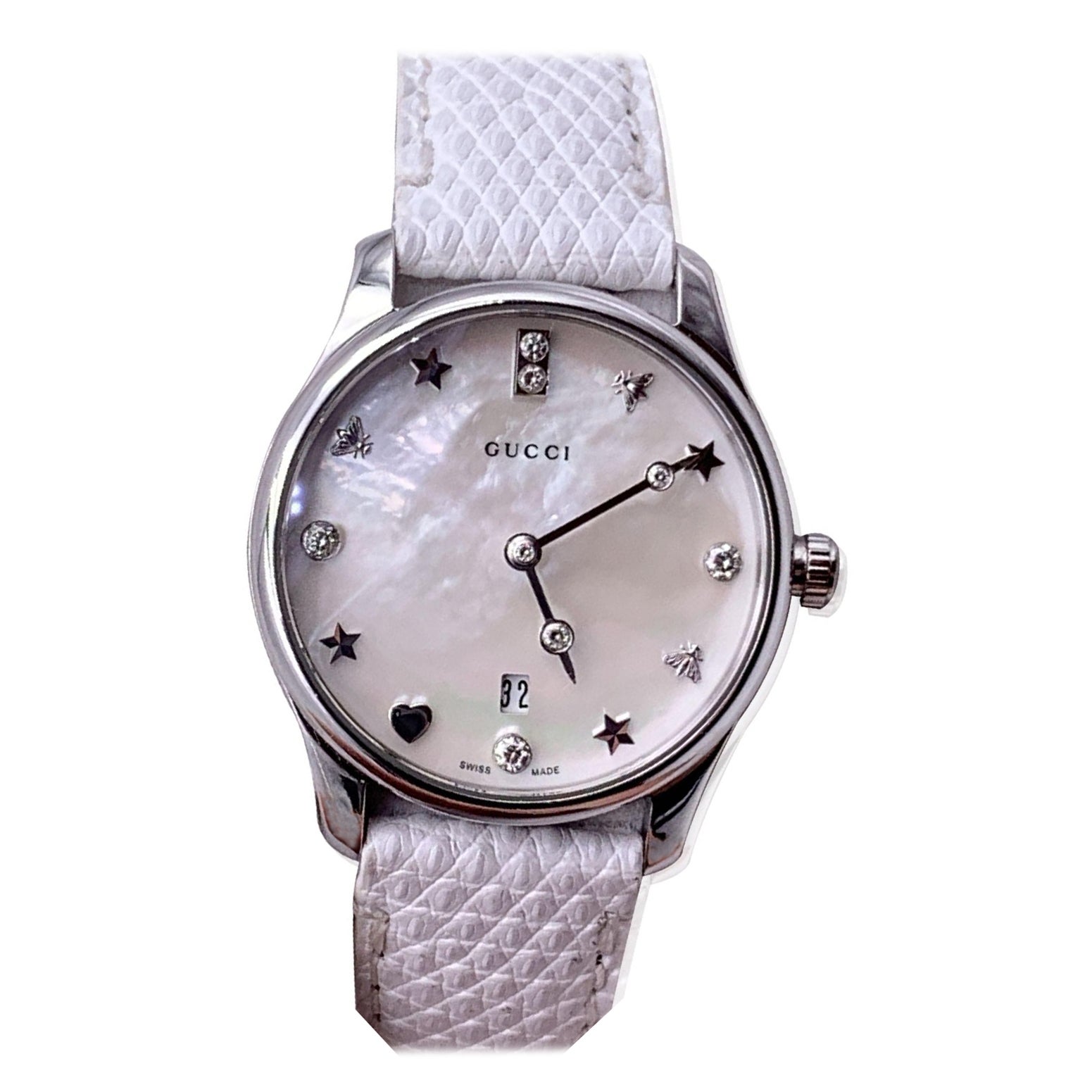 Gucci White G-Timeless Slim Diamond Mother Of Pearl Dial Watch