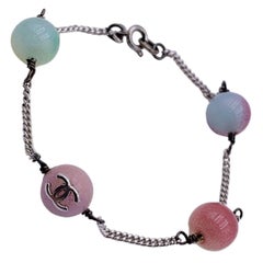 Chanel Vintage Silver Metal Multicolored Beads CC Logo Bracelet