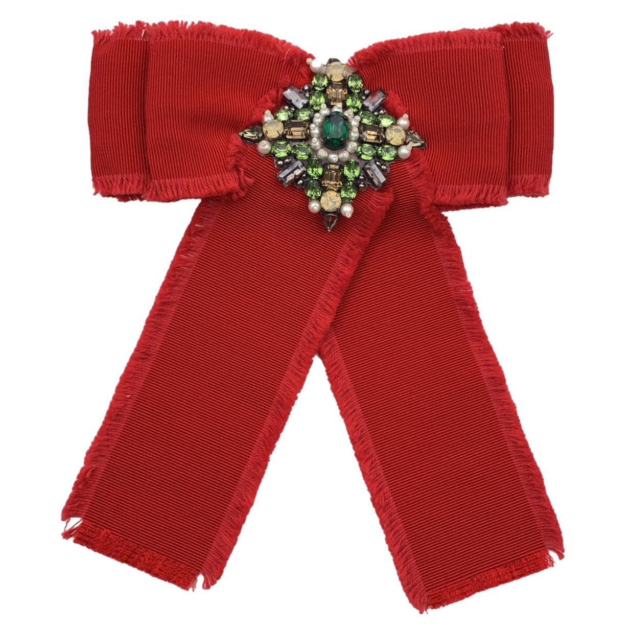 Gucci Red Grosgrain Bow Brooch Pin with Green Crystals