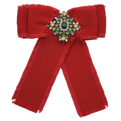 Antique Gucci Red Grosgrain Bow Brooch Pin with Green Crystals