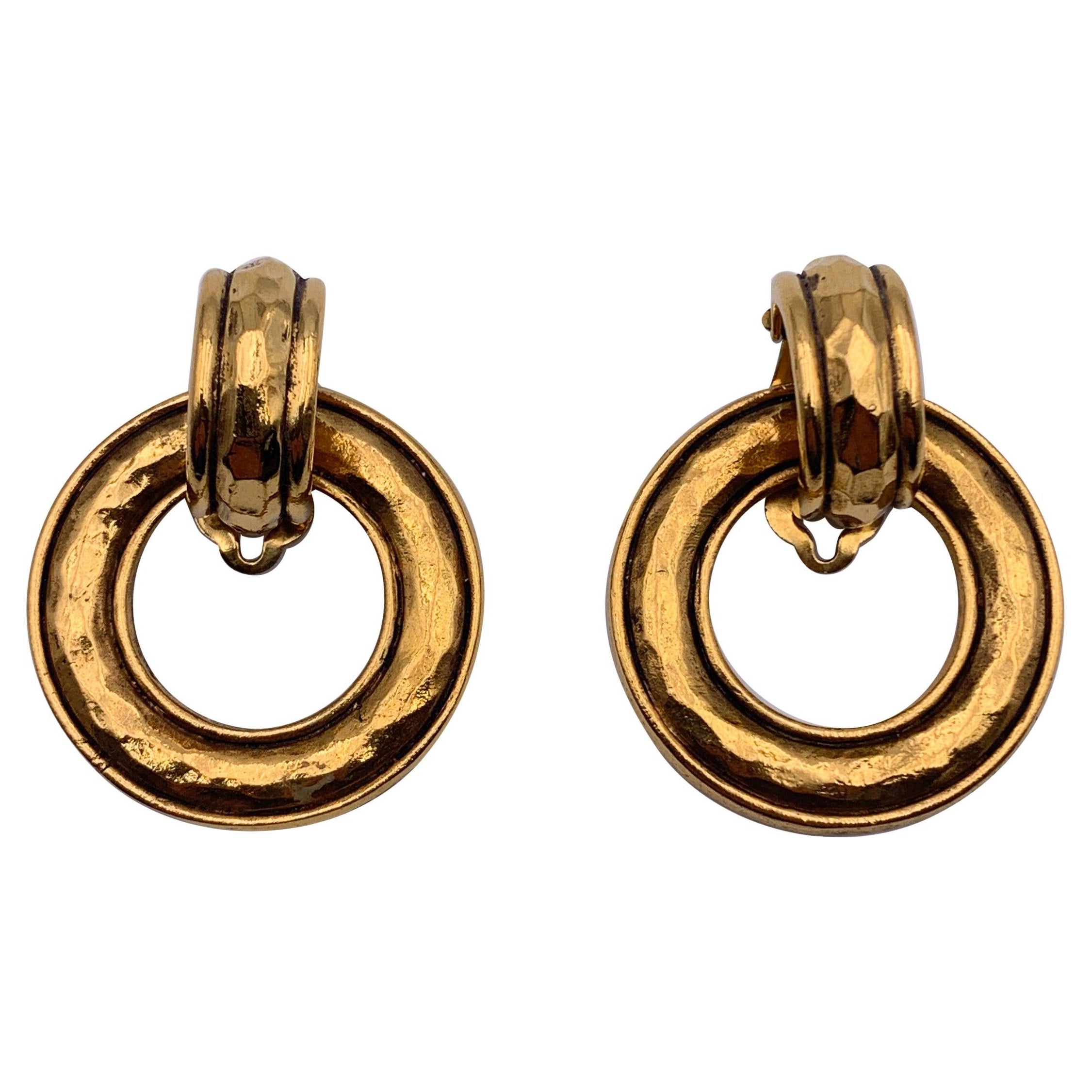 Chanel Vintage Gold Metal Door Knocker Hoop Clip On Earrings For Sale
