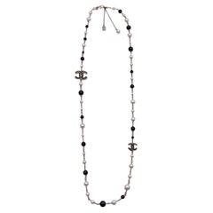 Chanel Gold Metal Long Necklace CC Logos Black and White Pearls