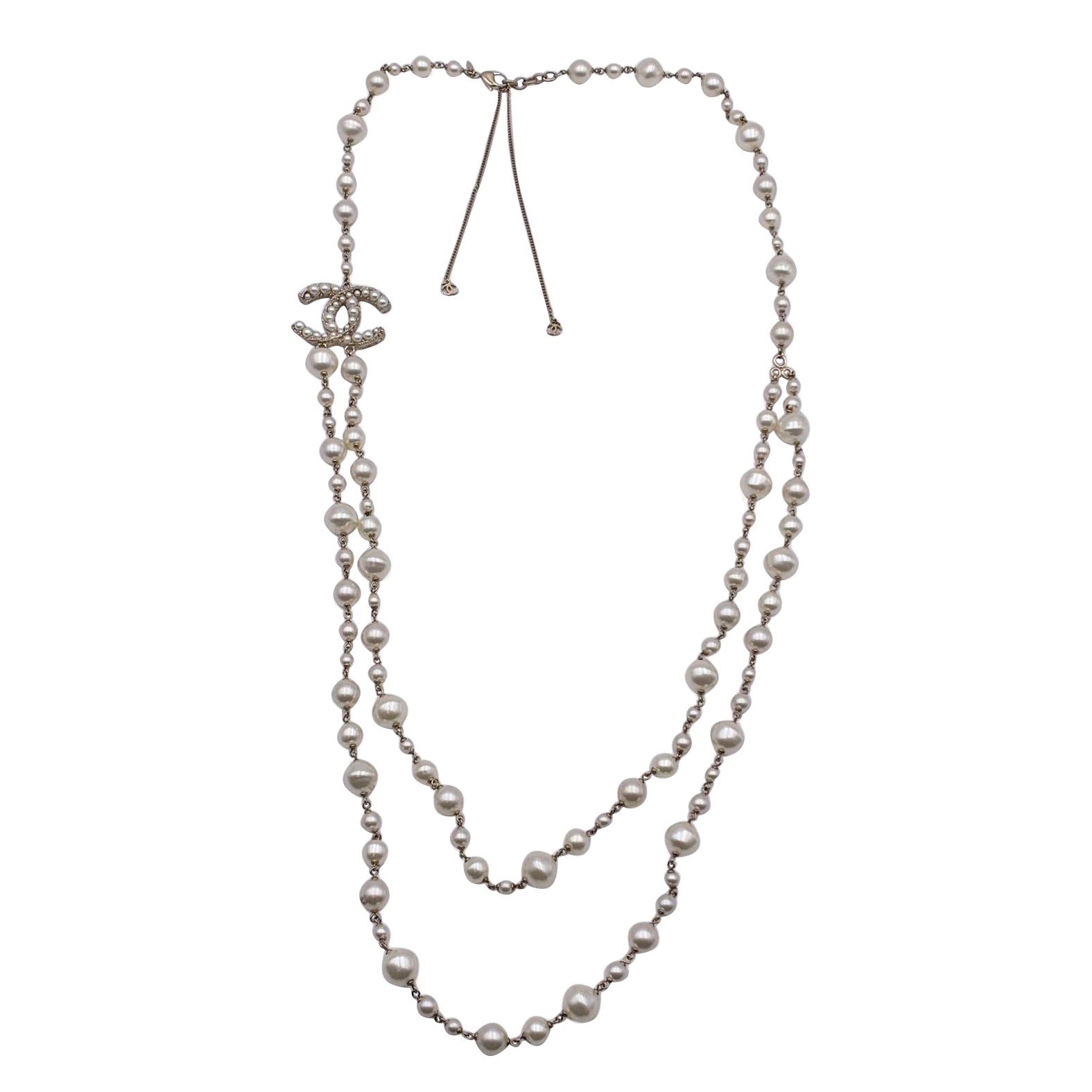 Chanel Long Double Strand Faux Pearl Necklace with CC Logo For Sale