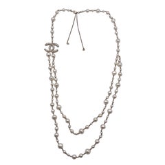 Chanel Long Double Strand Faux Pearl Necklace with CC Logo