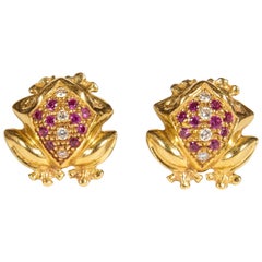 18K Gold, Diamond and Ruby Frog Earrings by Zannetti, Roma