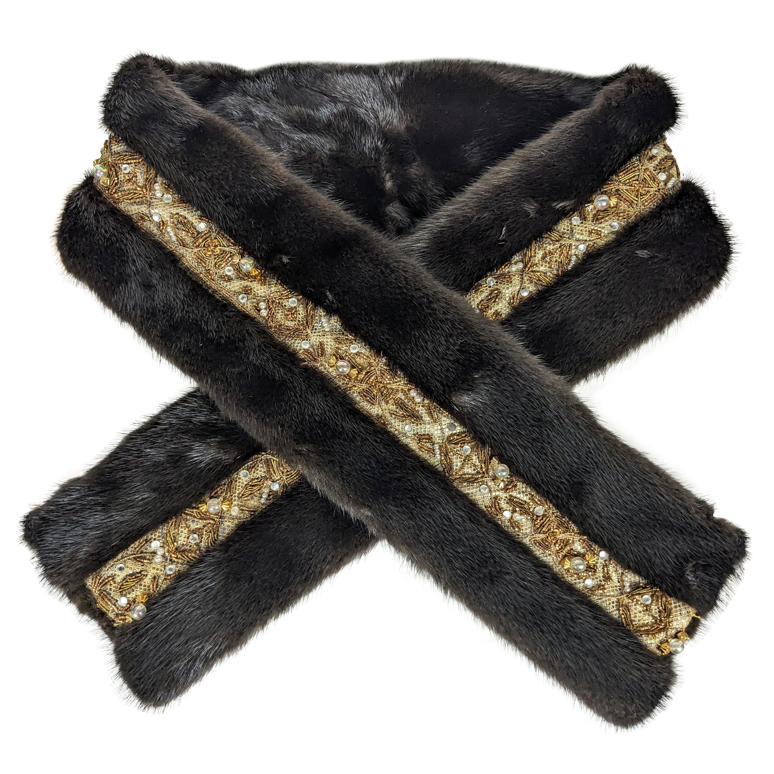 Gold Bullion, Crystal and Faux Pearl Embroidered Mink Scarf  For Sale