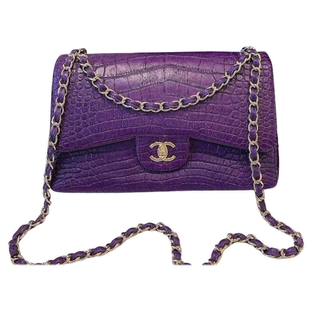 Chanel Purple Alligator Jumbo Classic Double Flap Bag with Gold Hardware For Sale