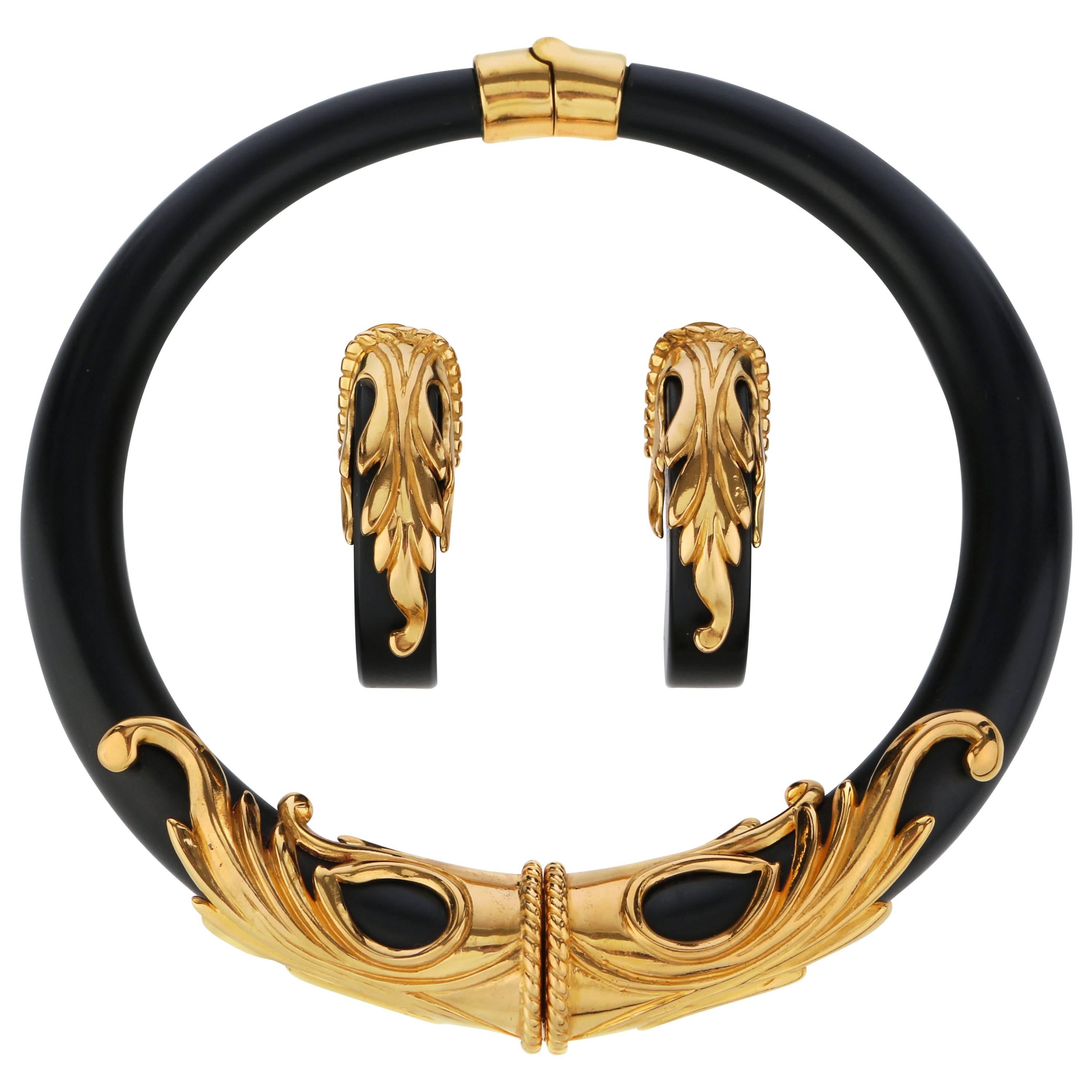 INNA CYTRINE Paris c.1990's Statement Gold Black Earrings Choker Necklace Set
