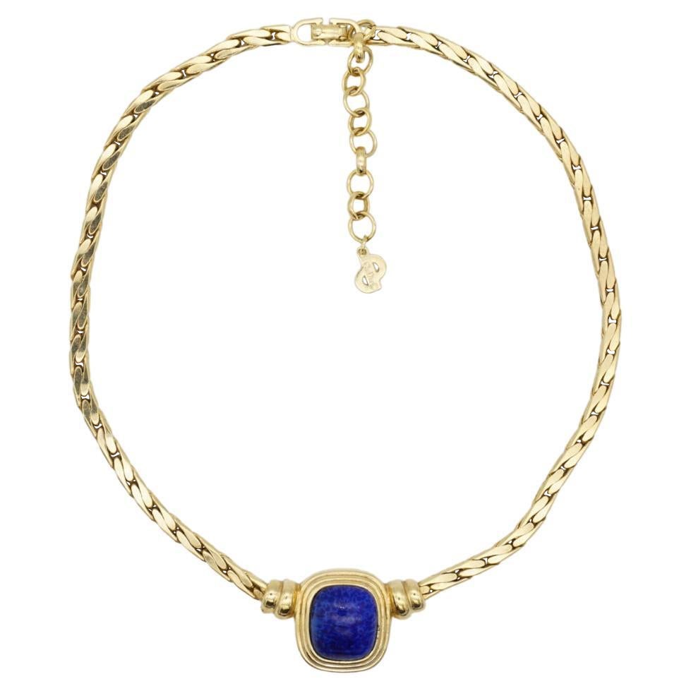 Christian Dior Vintage 1980s Navy Lapis Cabochon Rectangle Pendant Gold Necklace For Sale