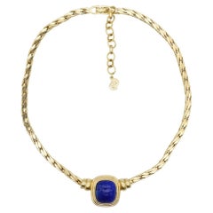 Christian Dior Vintage 1980s Navy Lapis Cabochon Rectangle Pendant Gold Necklace