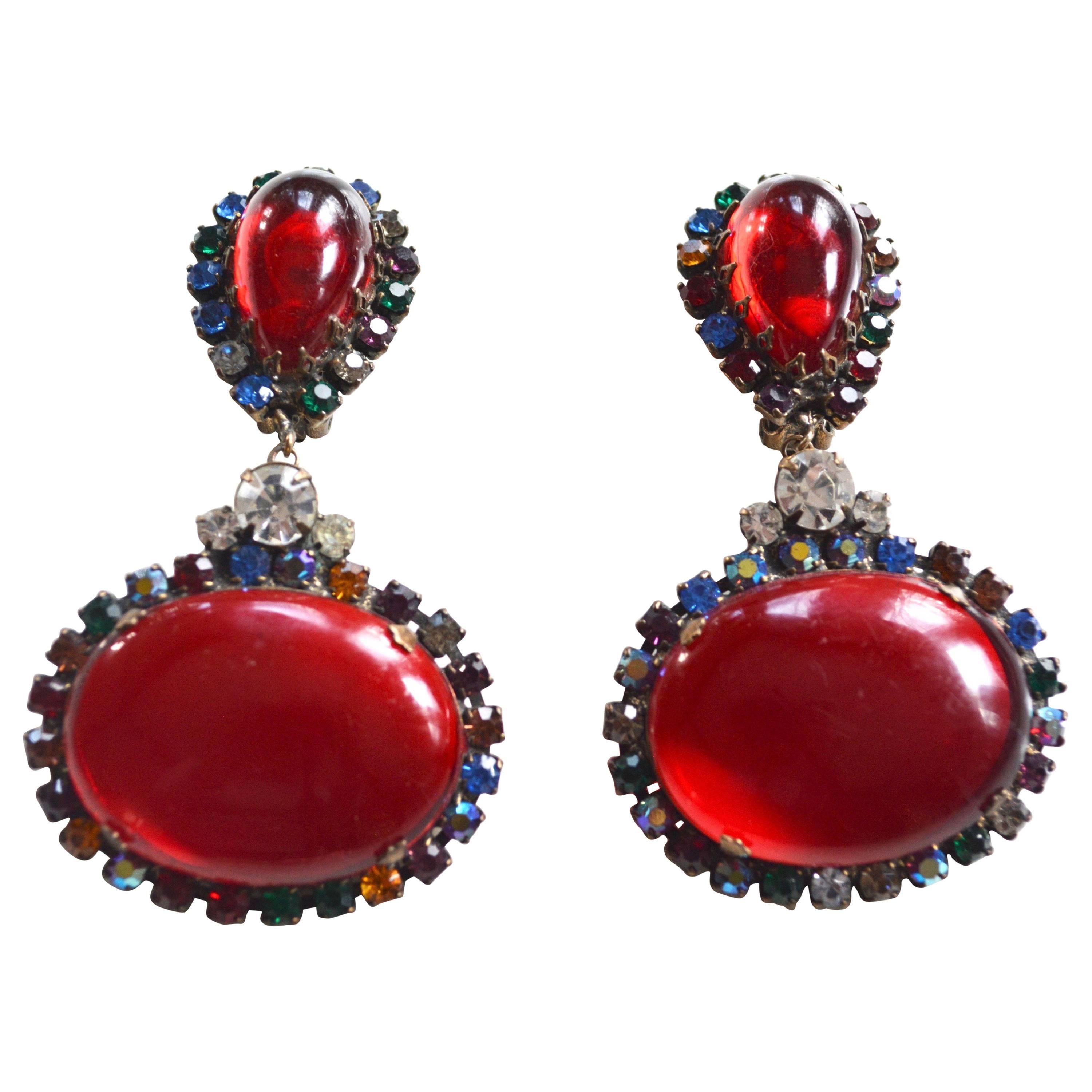1960s KJL Red Oversized Rhinestone Earrings For Sale