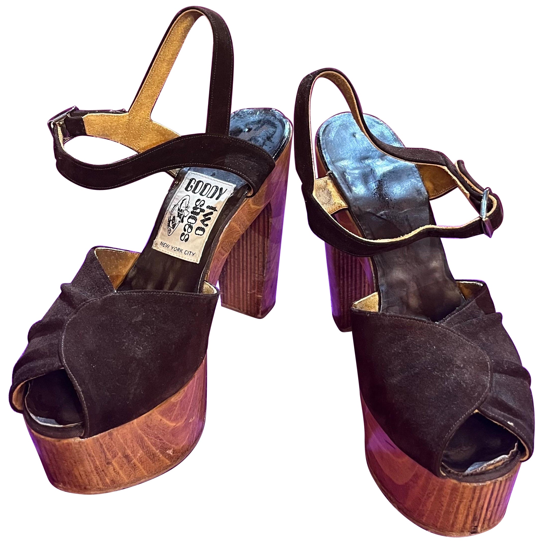 1970s "Goody Two Shoes" Brown Suede Wooden Platform Disco Shoes  For Sale