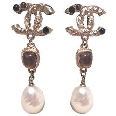 Chanel Silver CC logo Teardrop Pearl Dangle Earrings 12