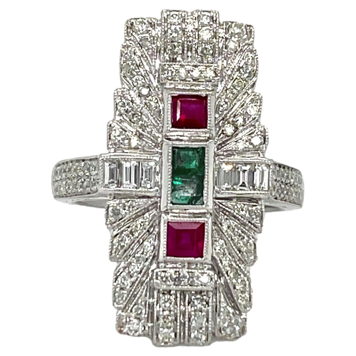 Antique Emerald, Ruby and Diamond Ring in 14k White Gold For Sale