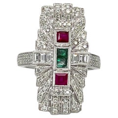 Vintage Emerald, Ruby and Diamond Ring in 14k White Gold