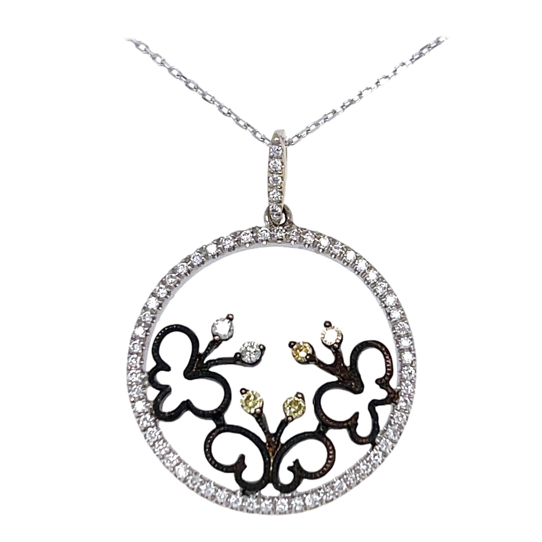 Natural Black and White Diamond Butterfly Pendant in 18K White Gold For Sale