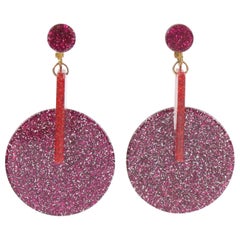 Retro Lucite Dangle Clip Earrings Pink Fuchsia and Red Glitter