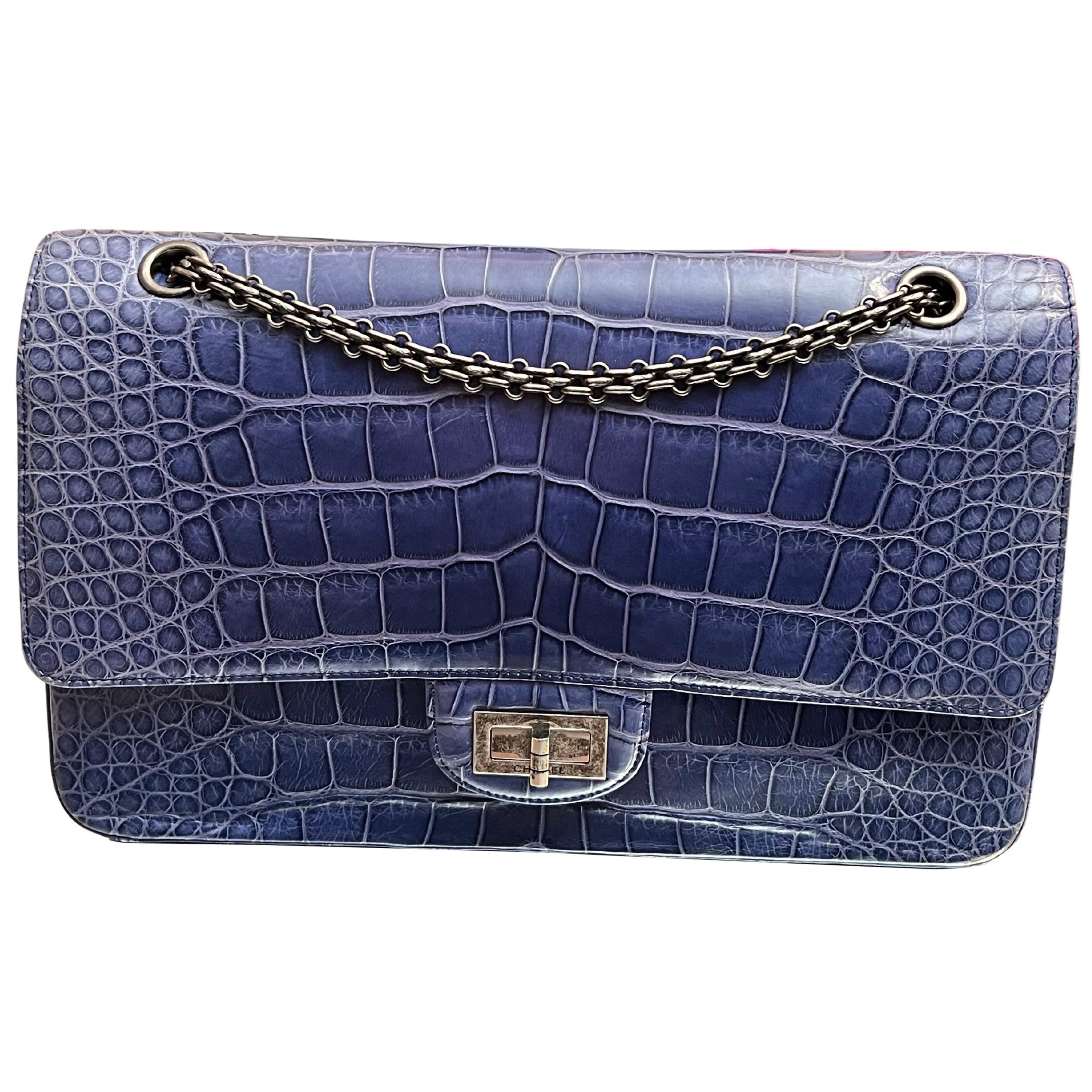Chanel blue alligator 2.55 Reissue 226 Double Flap Rutherium Hardware  For Sale