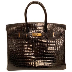 Hermes Birkin 35 Bolso Cocodrilo Porosus Negro Herrajes dorados