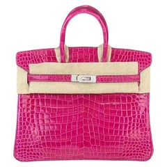 Sac Hermes Birkin 25 Crocodile Porosus or blanc avec diamants