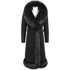 Vintage FEMINELLA c.1960's Black Fox Fur Wool Long Princess Coat Jacket
