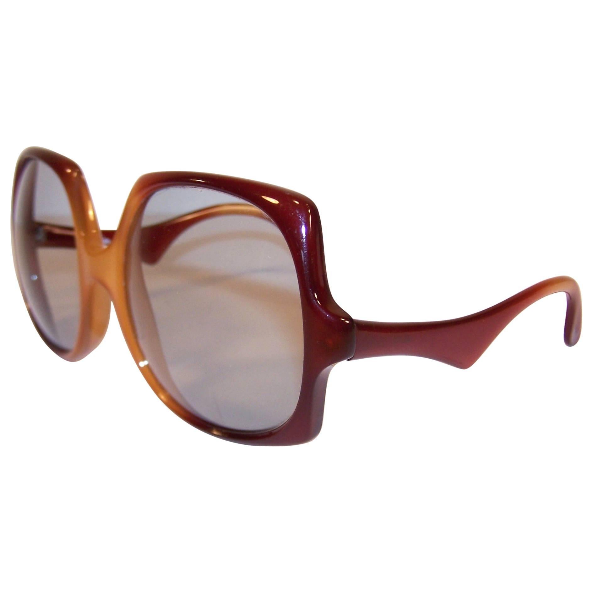 Squared 1970's Optyl Design Caramel Sunglasses With Light Gray Lenses