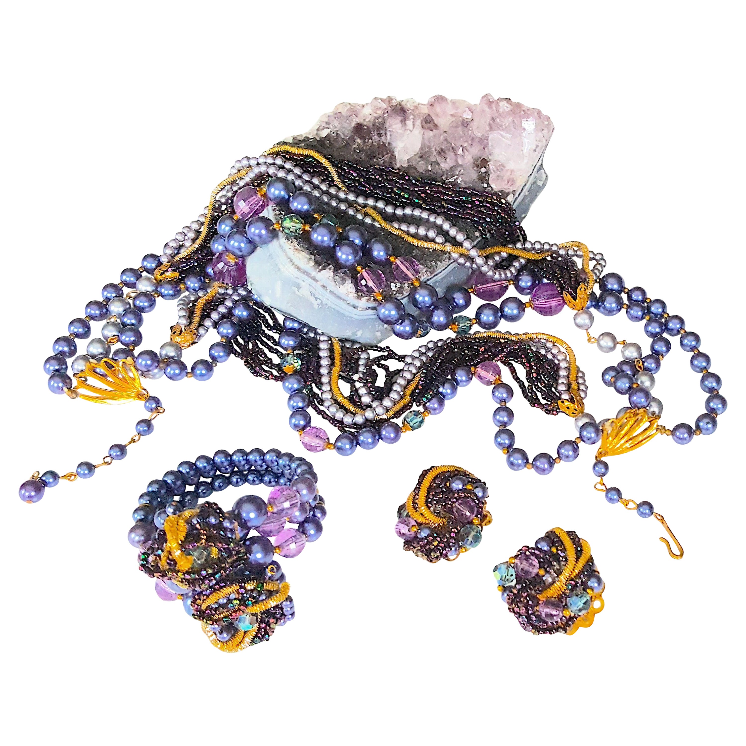MiriamHaskell 1945 PeacockBeads Parure Wired Bracelet Earrings 16Strand Necklace