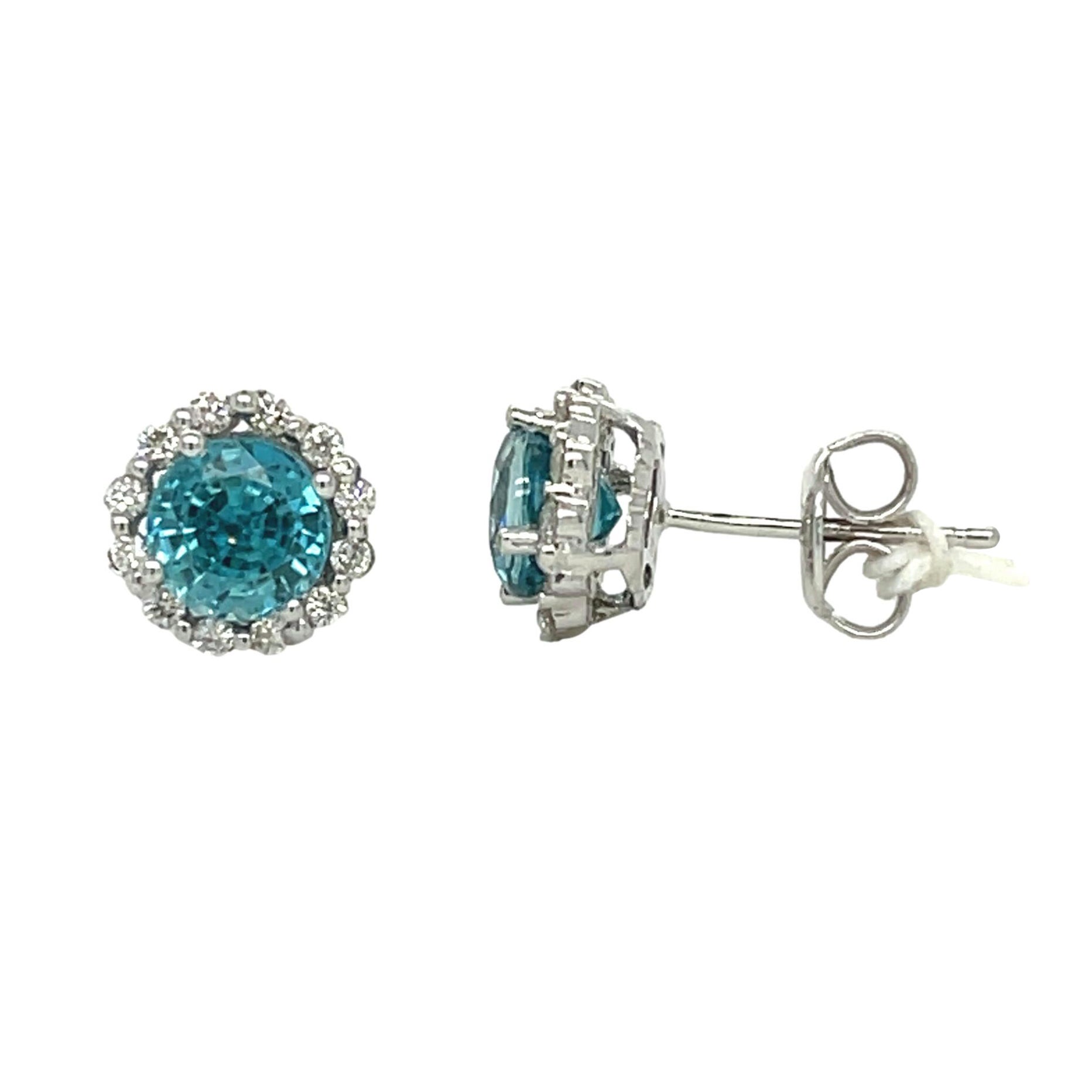 Blue Zircon and Diamond stud earrings in 18K White Gold For Sale