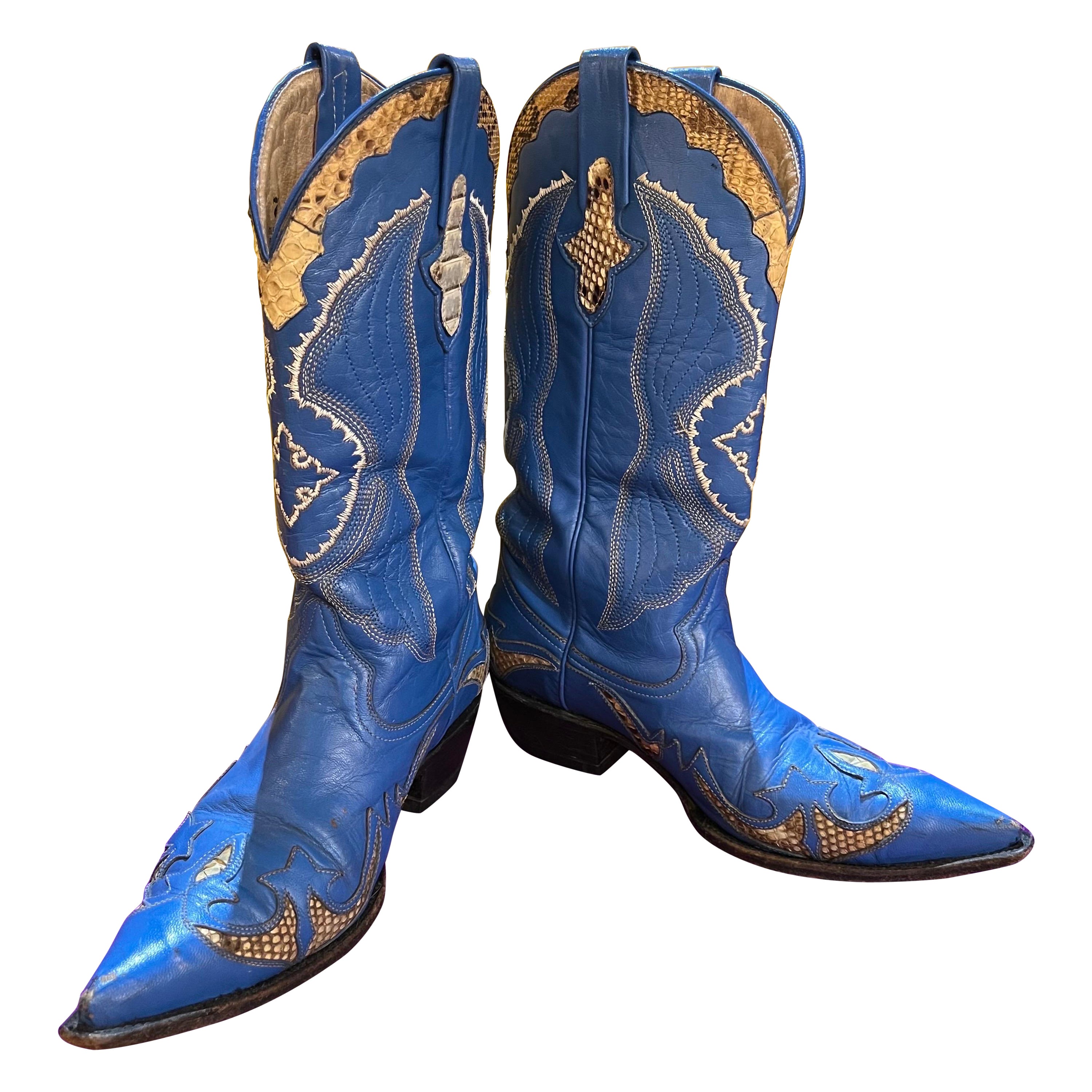 1980's Blue Leather and Python Accent Cowgirl Boots  For Sale