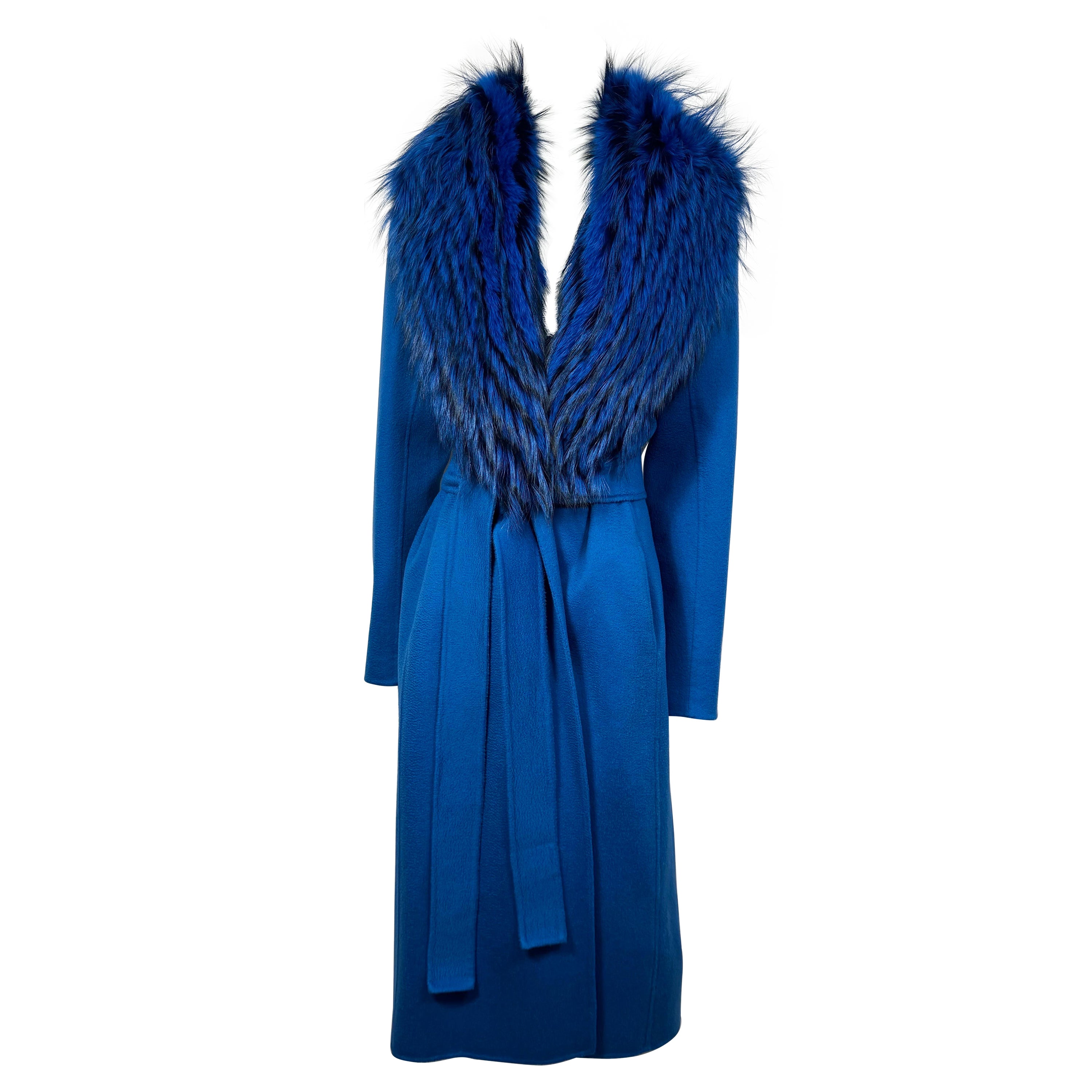 J Mendel Runway Fall 2016 Azure Cashmere Coat with Fox Fur Collar-Size Small-NWT For Sale