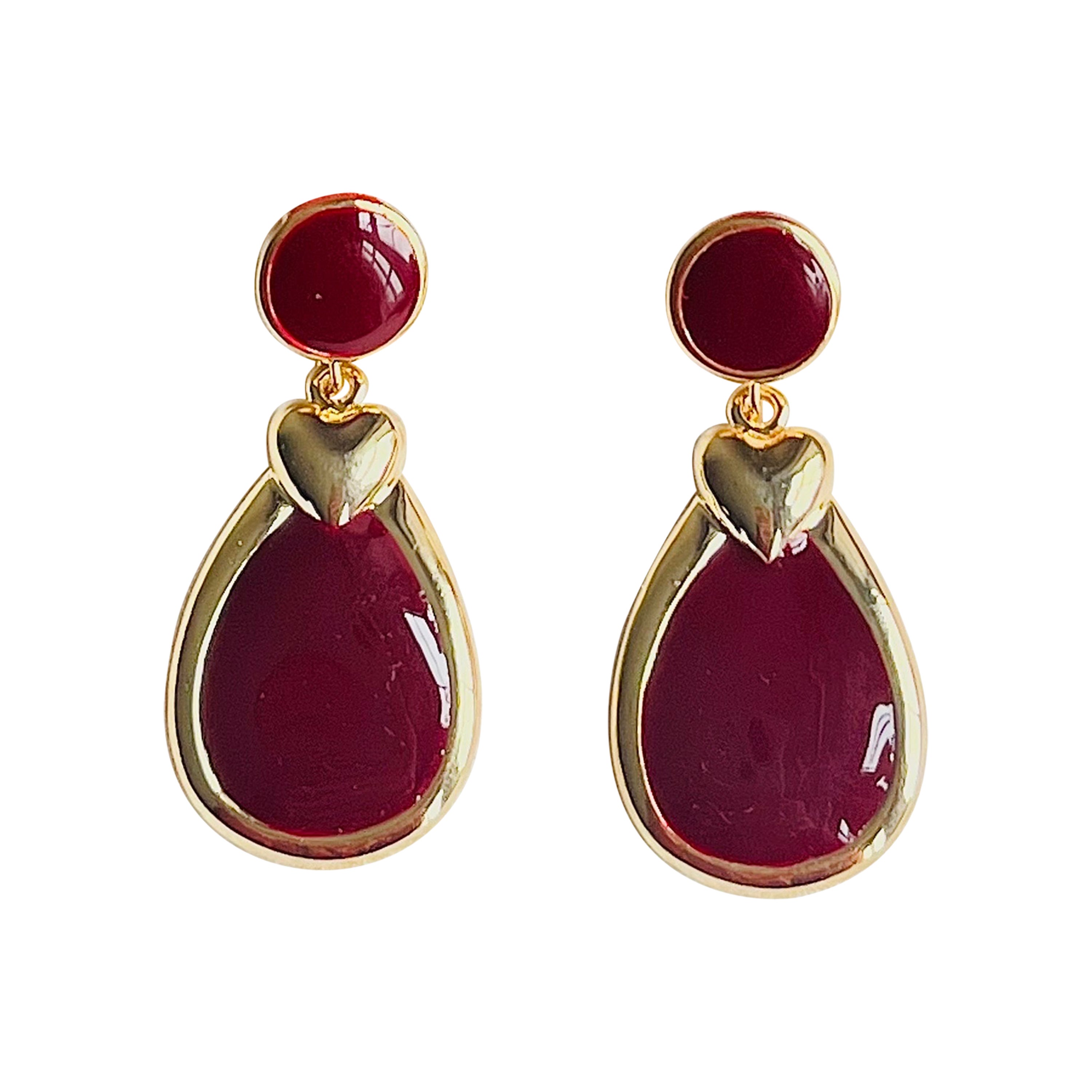 Burgundy Red Enamel Heart Love Elegant Modernist Water Drop Pierced Earrings For Sale