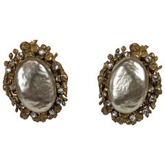 Retro Miriam Haskell Large Faux Pearl and Crystal Earrings