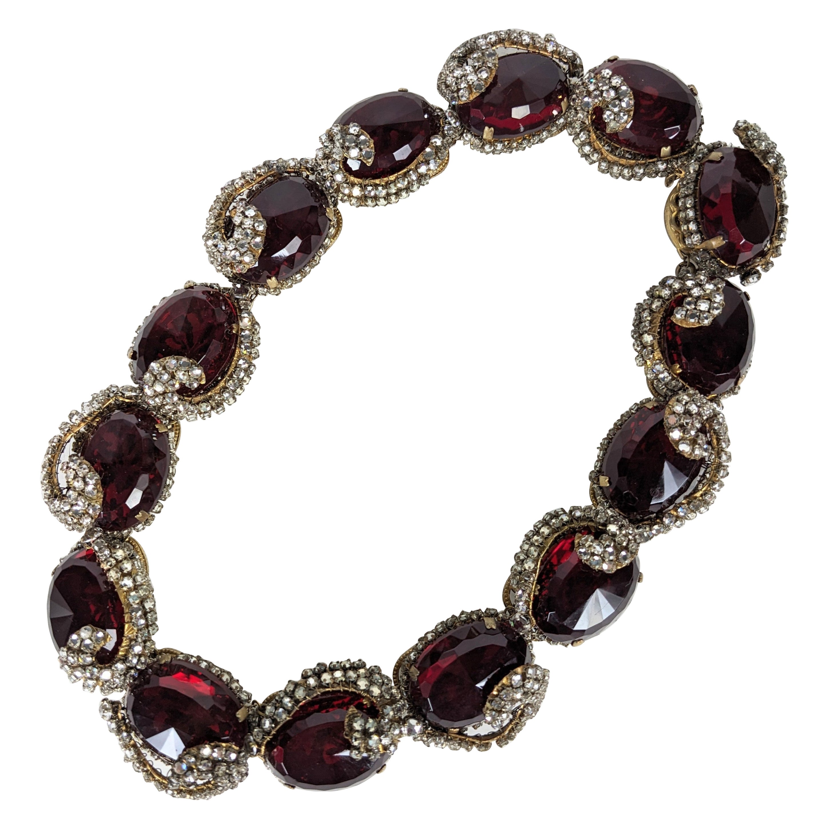 Rare Miriam Haskell Ruby Stone Collar with Rose Montee Decoration For Sale