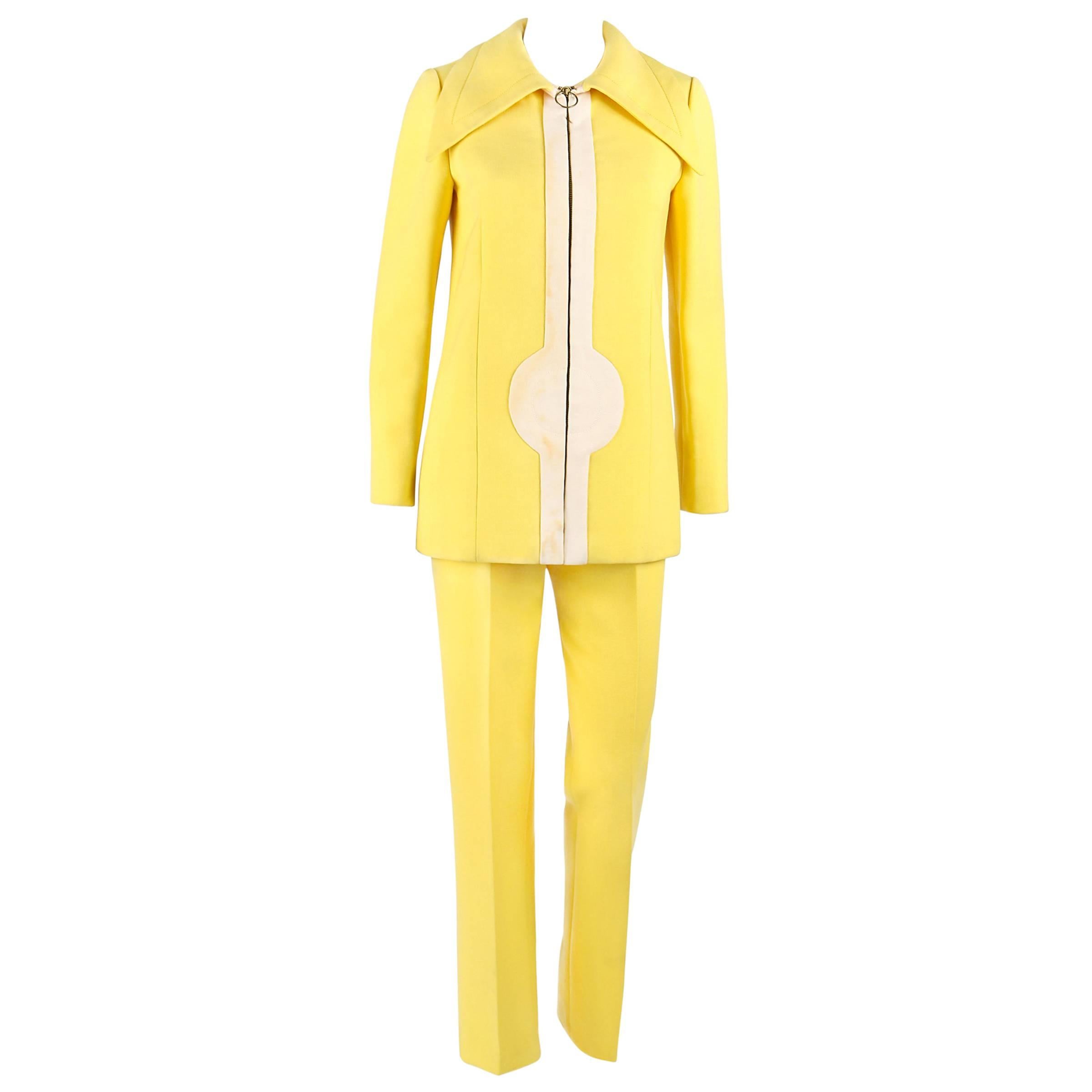 PIERRE CARDIN c.1960''s 2 Piece Yellow Cream Mod Zip Front Jacket Trousers  Suit Set For Sale at 1stDibs