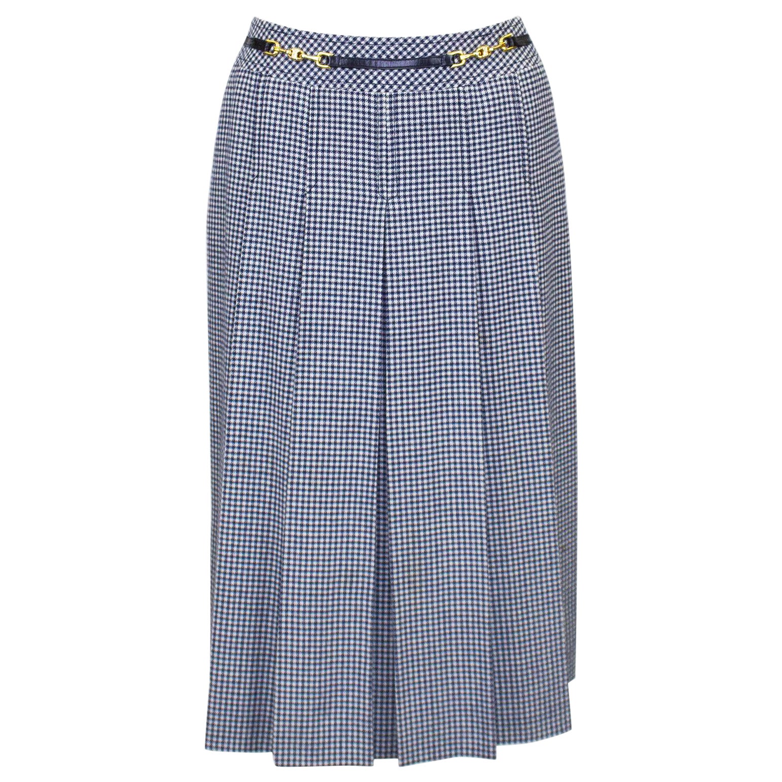 1970s Celine Navy Houndstooth Wool Skirt