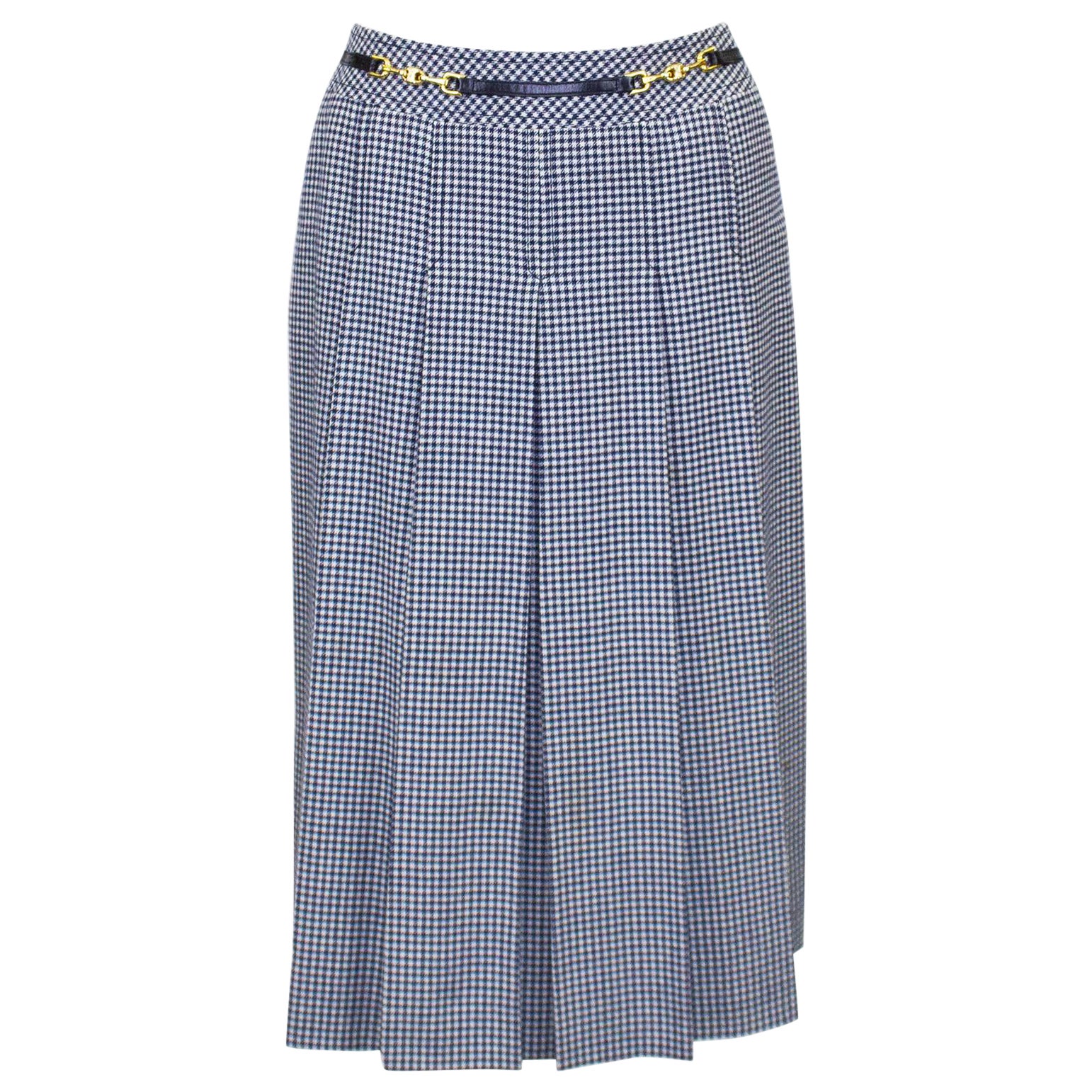 1970s Celine Navy Houndstooth Wool Skirt For Sale