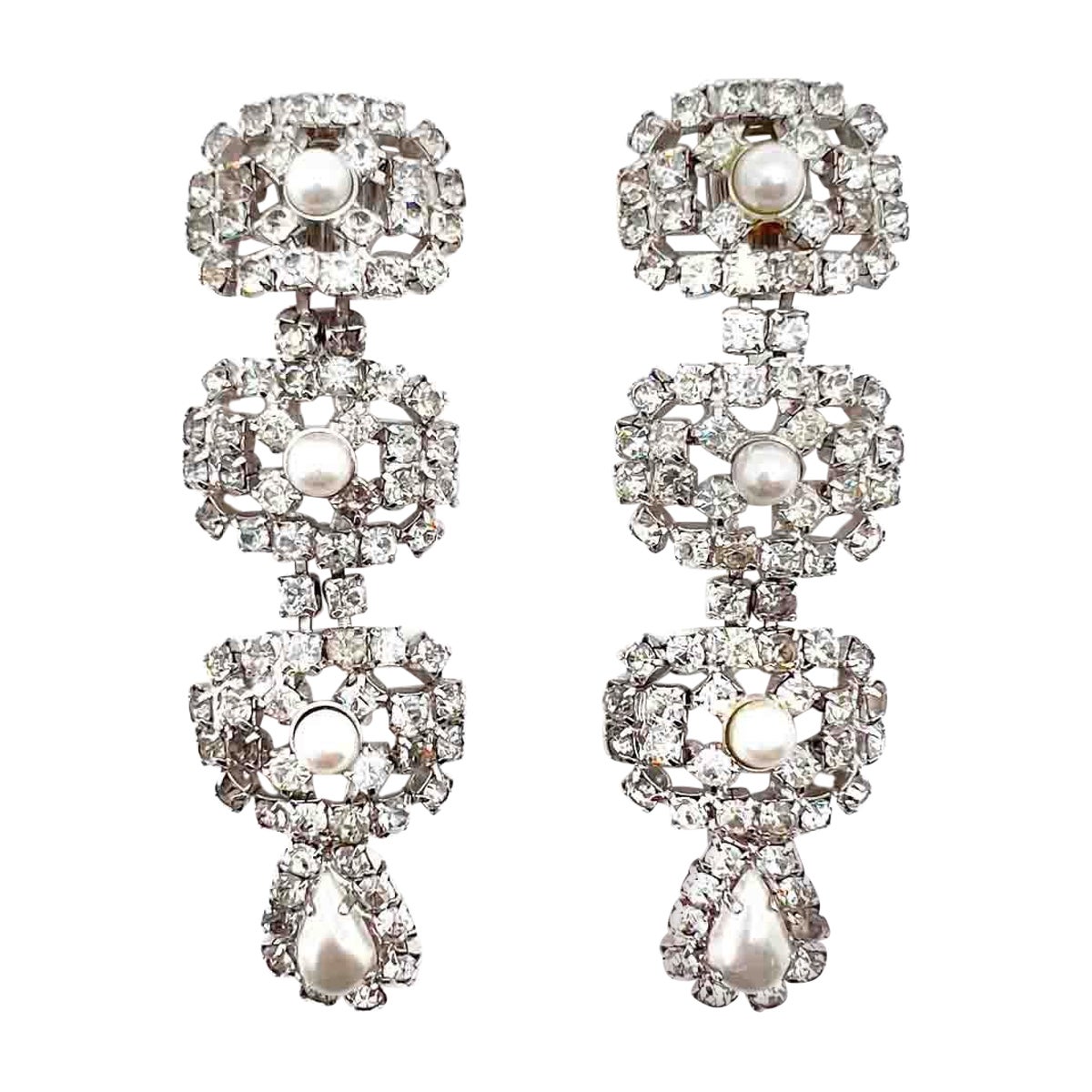Statement-Tropfen-Ohrringe aus Kristall und Perlen 1950er Jahre im Angebot