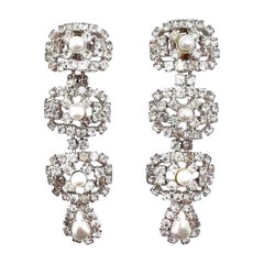 Retro Statement Crystal & Pearl Drop Earrings 1950s