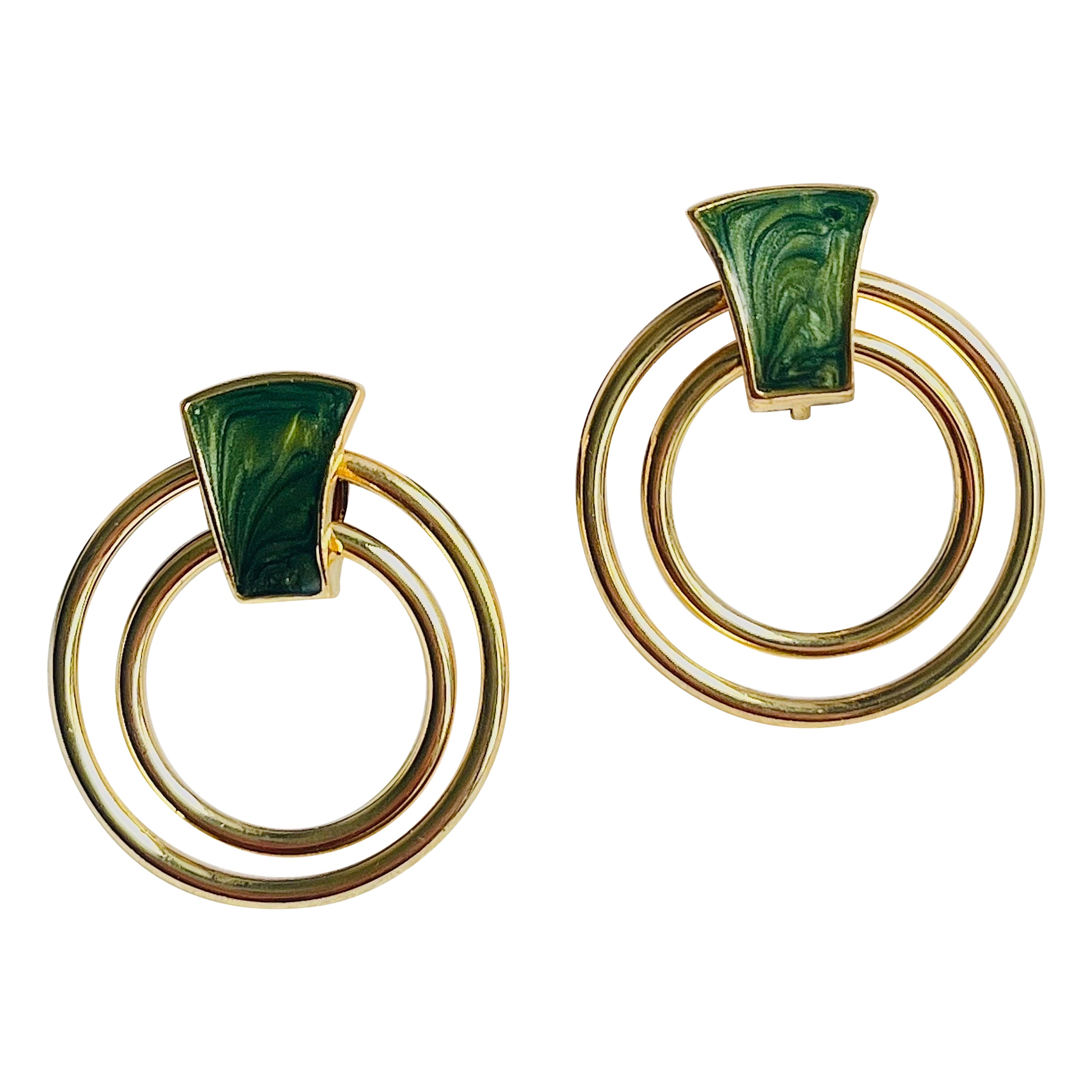 Dark Green Enamel Double Round Circle Openwork Hoop Gold Modernist Clip Earrings For Sale
