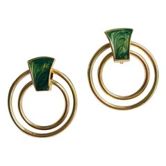 Dark Green Enamel Double Round Circle Openwork Hoop Gold Modernist Clip Earrings